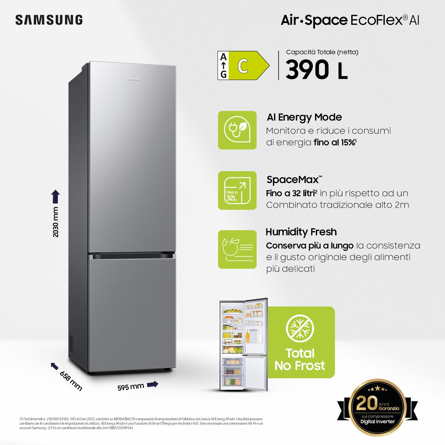 Samsung Frigorifero Combinato RB38C600CS9 390L No Frost Classe C Wi-Fi Acciaio inox